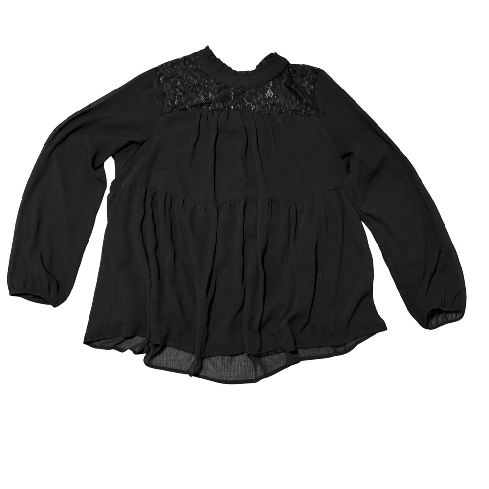 Torrid Black Lace Yoke Babydoll Blouse Ruffle Mock Neck Long Sleeve Top Size 1
